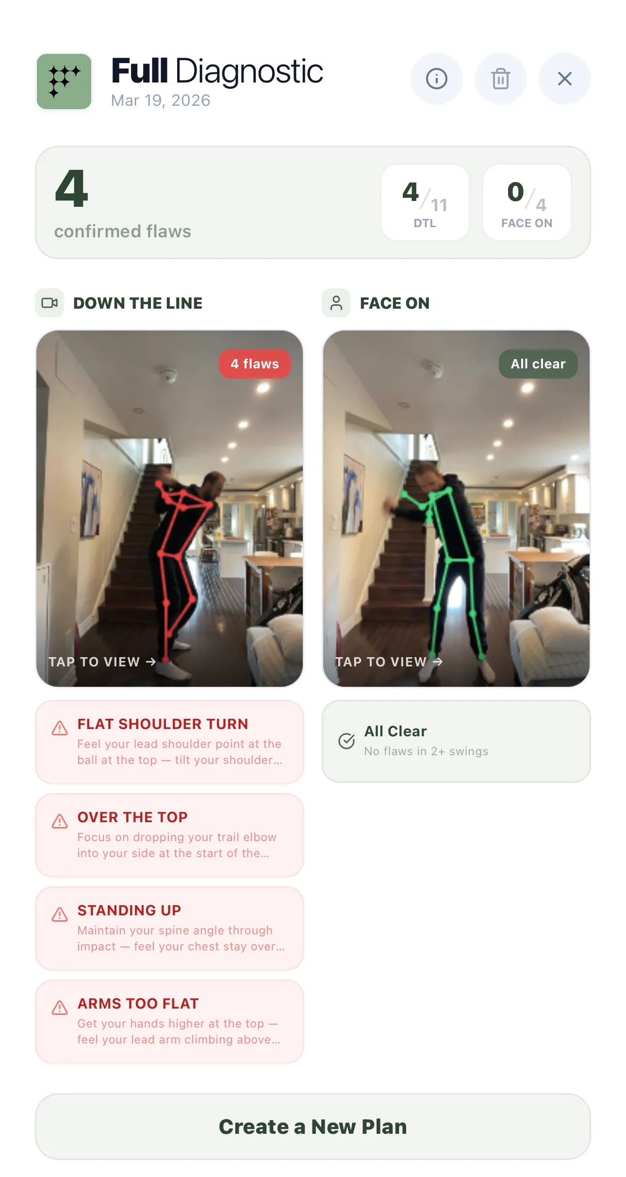 FLUSH Golf Full Diagnostic showing detected swing flaws