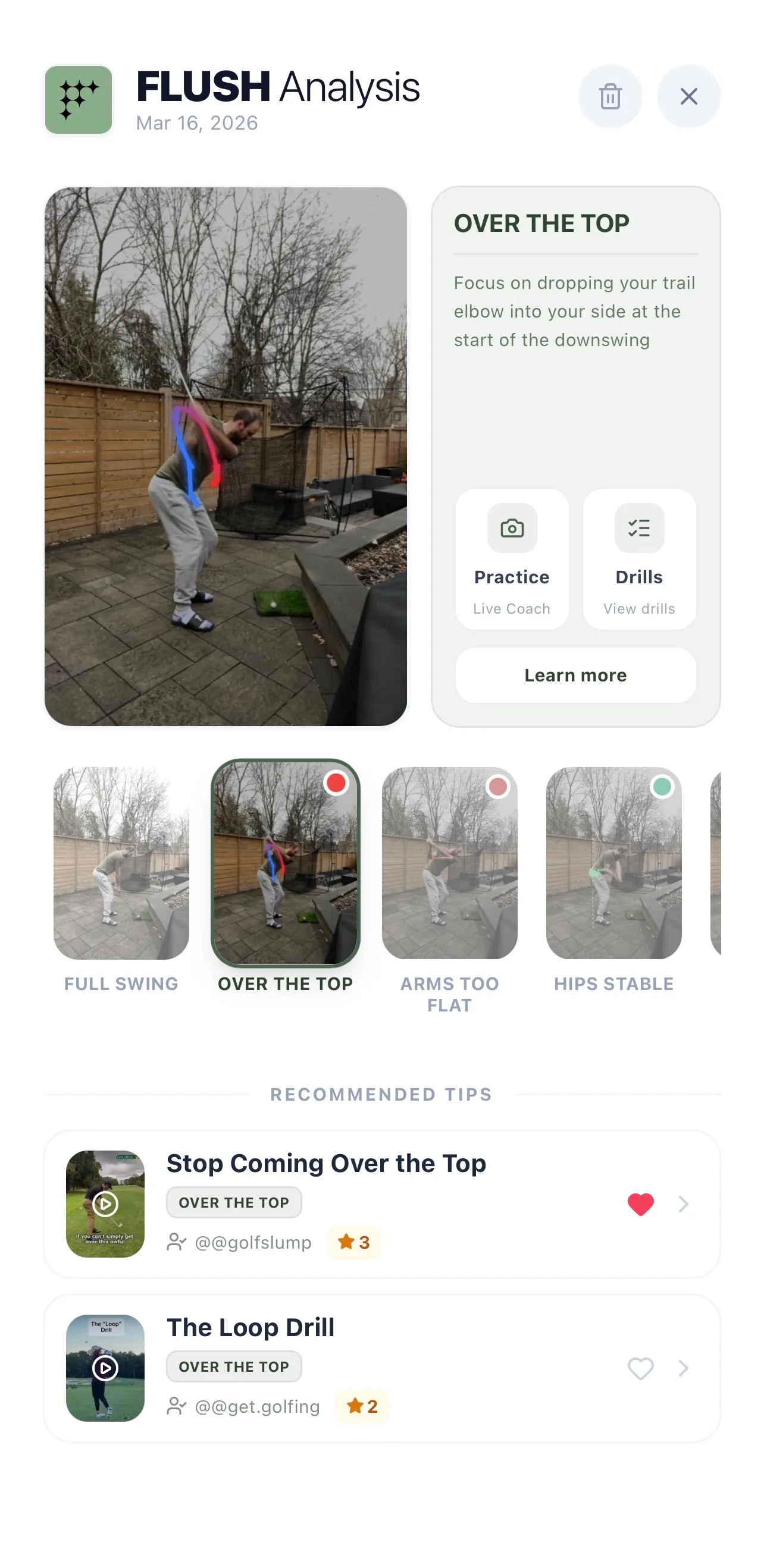 FLUSH Live Coach showing real-time swing analysis